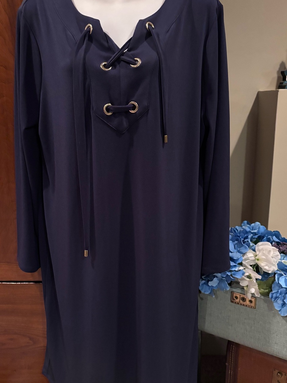 Chico's Navy Lace-Up Tunic with Gold Grommets